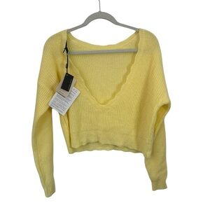 Vanessa Scott Made in Italy Plunge Back Yellow Crop Sweater Women One Size NWT